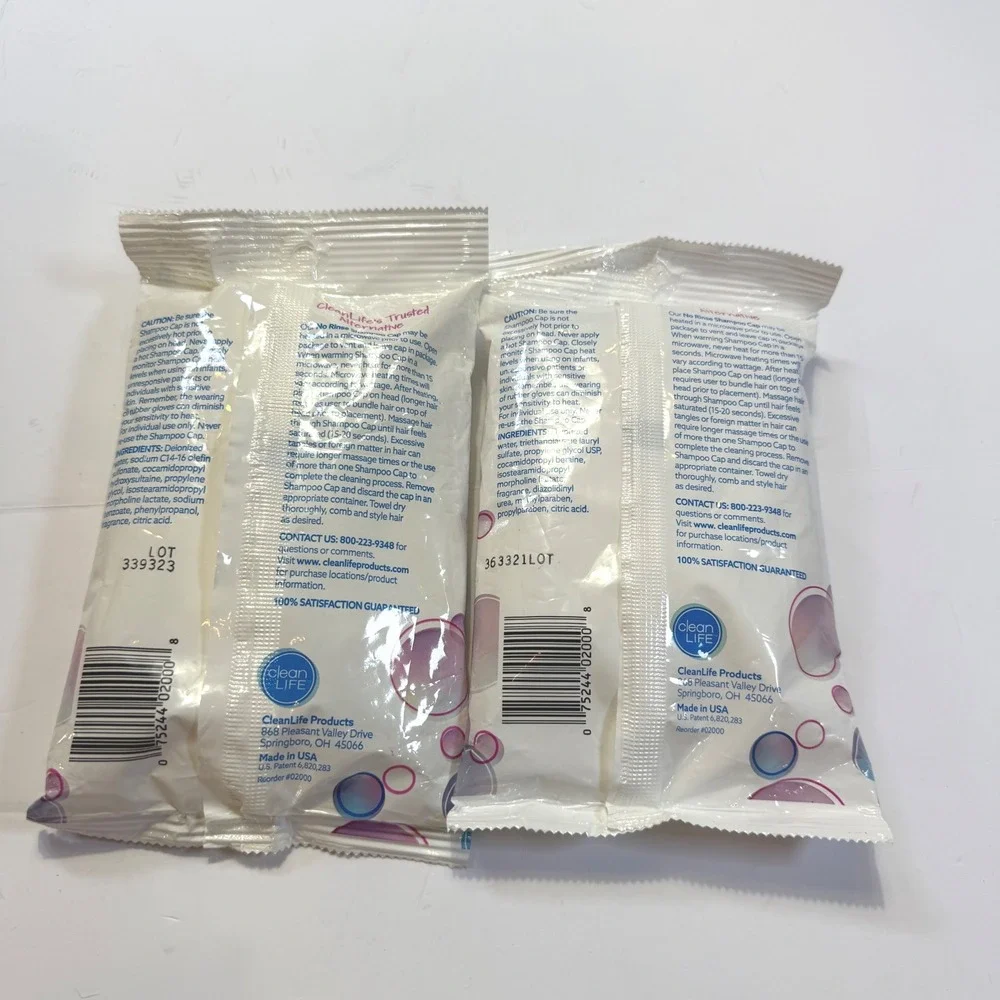 CleanLife No Rinse Shampoo Cap 2 Pack Microwaveable Waterless Hair Wash USA Made